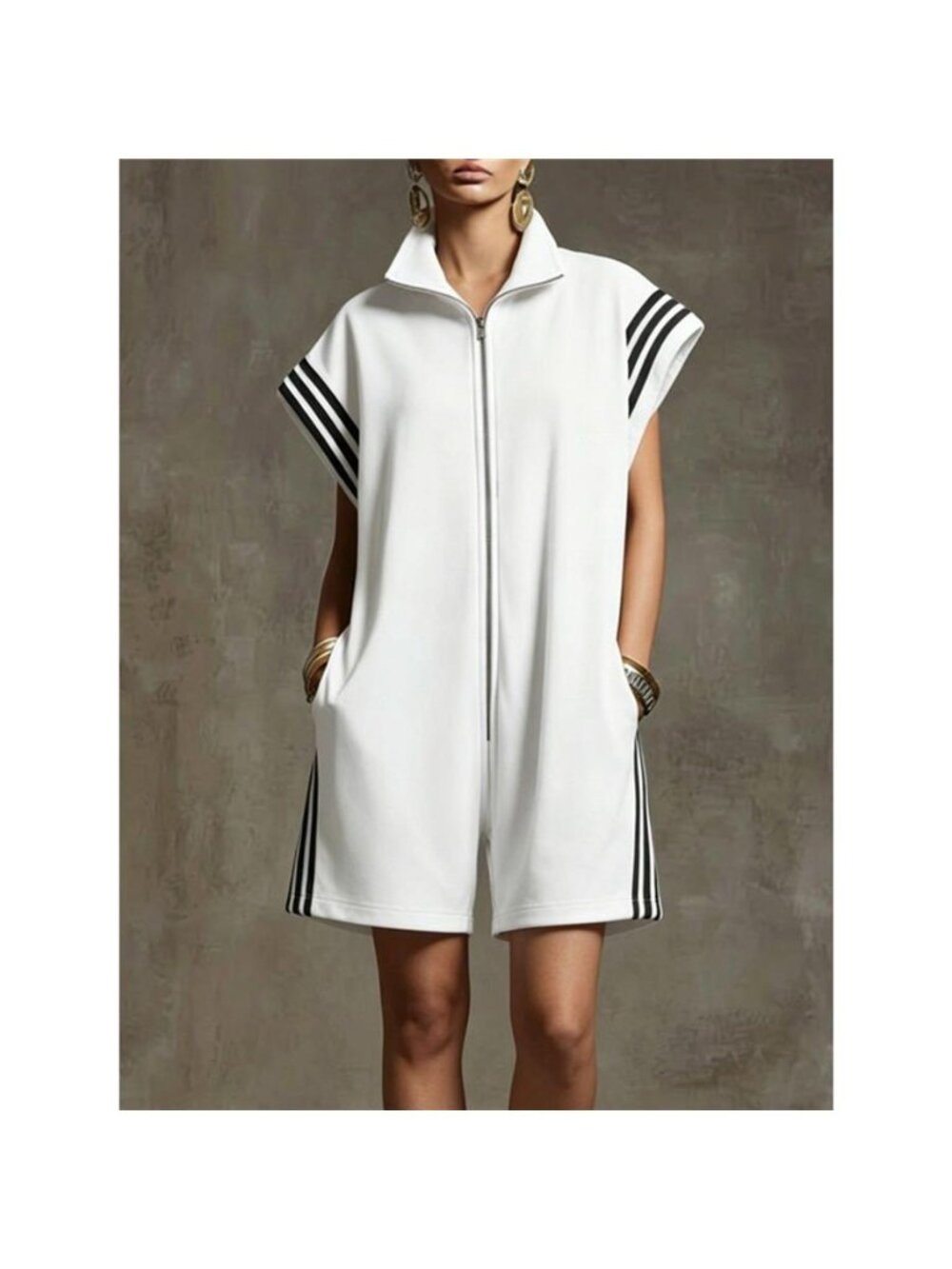 Striped Zip Front Short Sleeve Romper - Picture 10 of 15